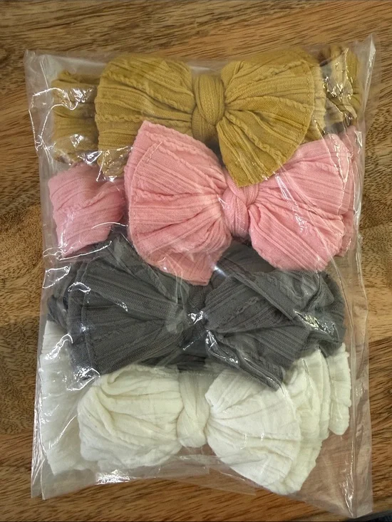 Giant 4 Knotted Fabric Bow Headbands - Mustard, Pink, Gray, Cream