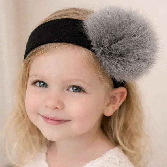 Bari‎ Lynn Black and Grey Fuzzy Pom Pom Stretchy Girls Headband NWOT