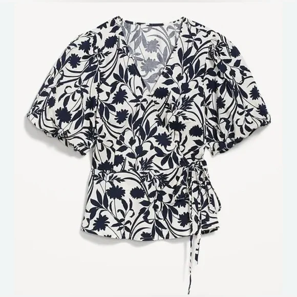 NEW Navy Blue & White Cotton Waist-Defined Puff-Sleeve Tie-Wrap Blouse 3X