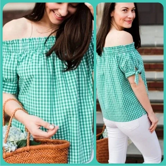 J. Crew Gingham Green and White Puff Sleeve Smocked Blouse Size 2 (NWOT)