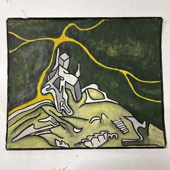Vintage 1968 Abstract Nature Landscape Drawing Green Yellow Medium Original