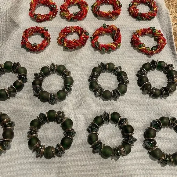 Green Glass Silver Wire Napkin Rings Red Orange Glass Beads Napkin Rings 16 TTL
