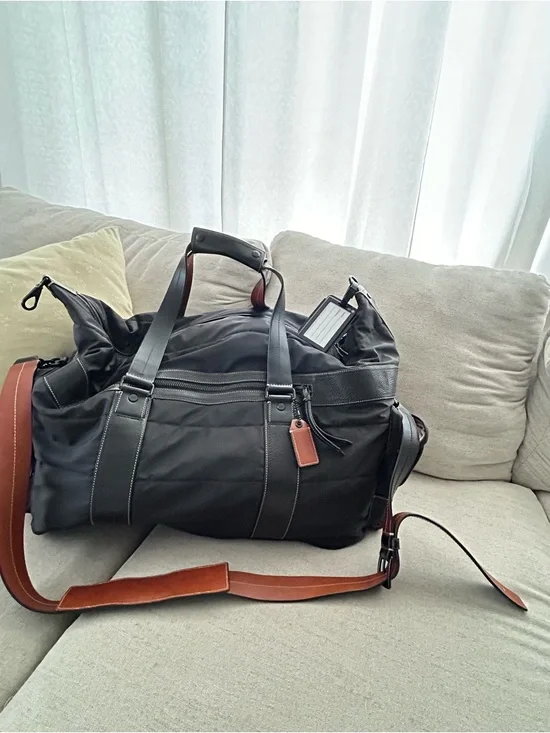 Coach Men's Black Nylon Duffel with Brown Leather Strap and Trim