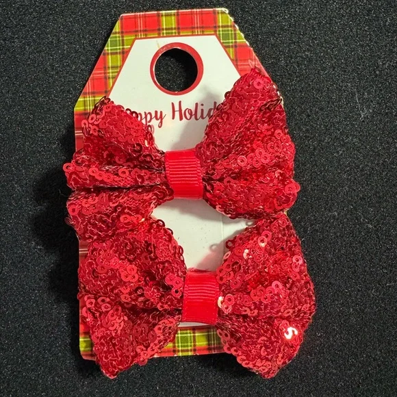 Happy Holidays Pair Of Small Bows Made With Sequins Red