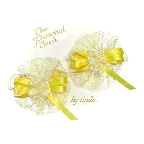 Vintage 80s Lace Hair Barrettes – Yellow & White Rosettes w/ Bows (NOS)