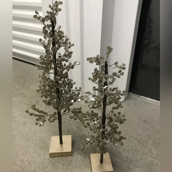 Set Of 2 Glass Cubes And Metal Wire Art Deco Christmas Trees NEW