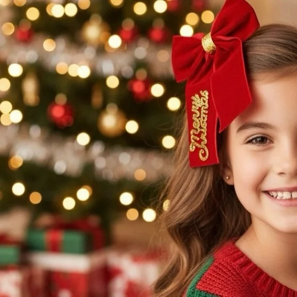 Red Christmas Hair Bow with Gold Accents For Kids