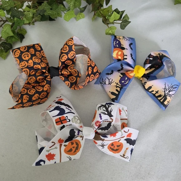 Set Of 3 Halloween Ribbon Hair Bows