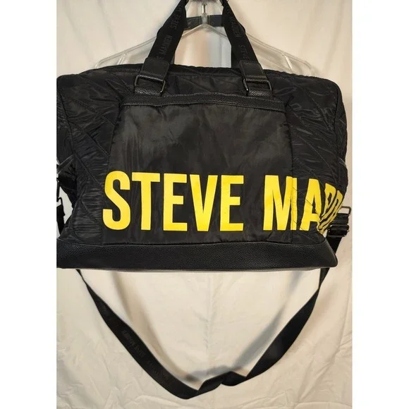 Steve Madden Black‎ Quilted Nylon Duffle Weekender Bag Yellow Logo Graphic Mens
