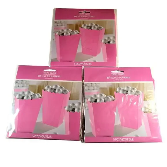 15 Pink Treat Boxes for Popcorn, Candy, Party Favors - 3 Packs of 5, Birthday