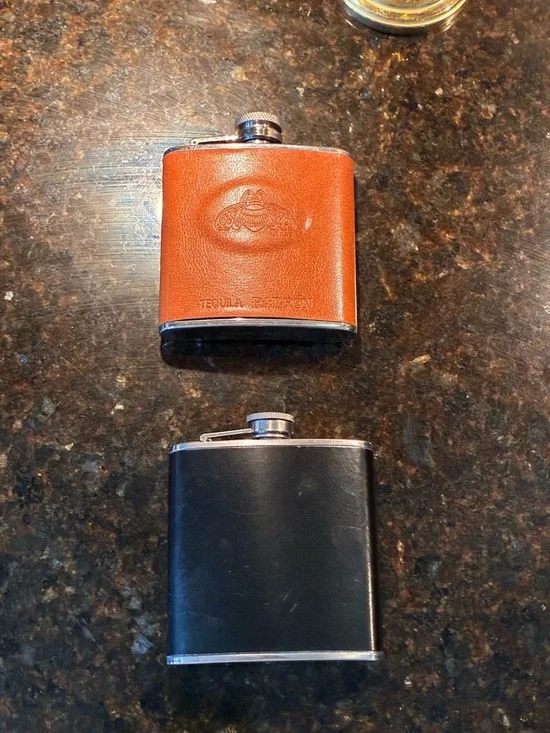 Leather-Covered Hip Flask Set - Brown & Black