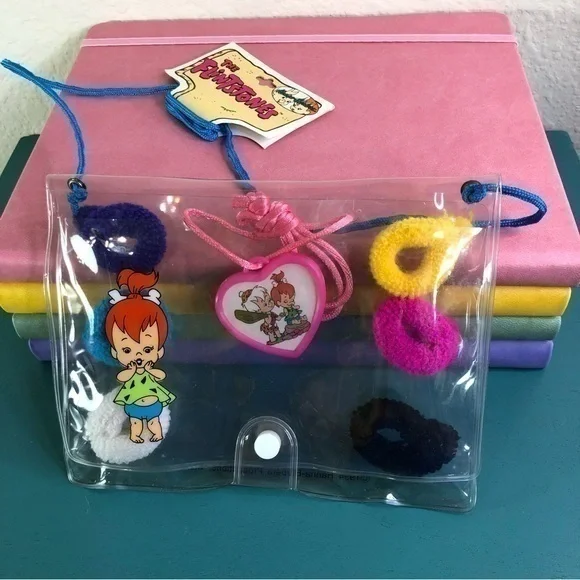 The Flintstones Pebbles Bam Bam Hair Accessories Heart Necklace Set Bag Vintage