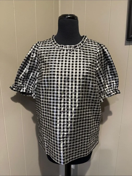 J. Crew Women’s Medium Black and Silver Gingham Puff-Sleeve Blouse