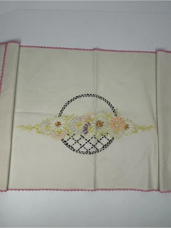 Vintage Embroidered Floral Basket Table Runner Cream Pastel Florals Cottagecore