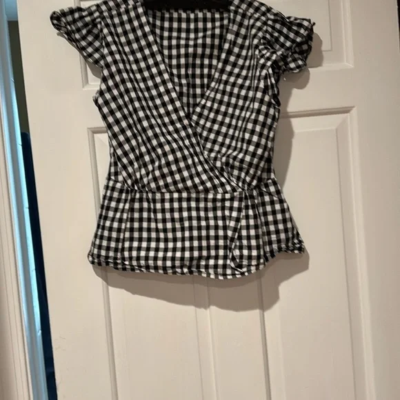 J. Crew Black and White Gingham Faux Wrap Top