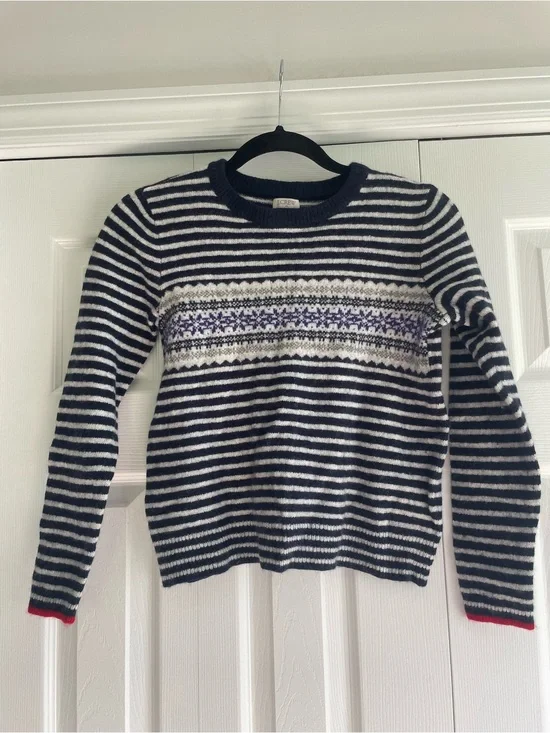 J. Crew Navy, White & Purple Striped Fair Isle Crewneck Sweater