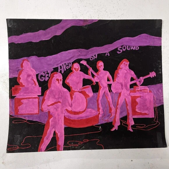 Vintage 1968 Psychedelic Band Drawing Get High On A Sound Pink Purple 15x18 OOAK