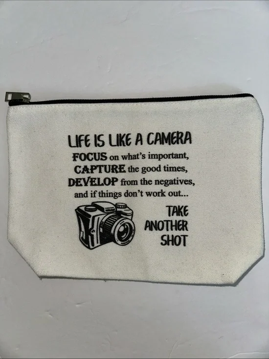 Canvas Camera Quote Life is Like a Camera Zipper Pouch - White New Without Tag
