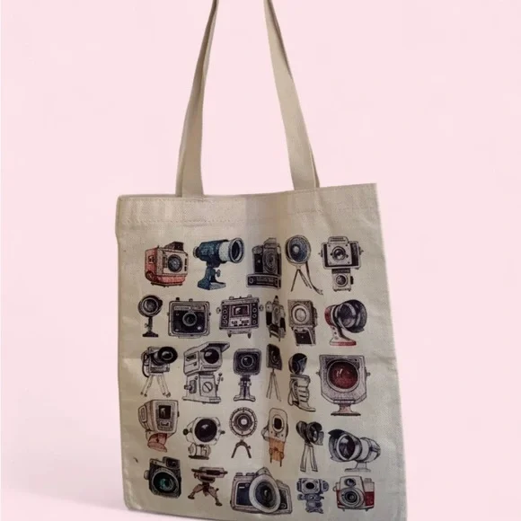 Cotton Camera Print Tote Bag
