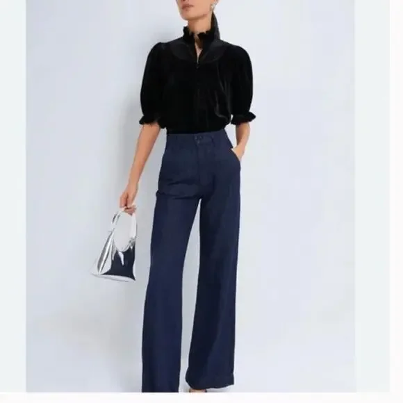 New Pomander Place Tuckernuck Selena Velvet Ruffle Top Black Sz S
