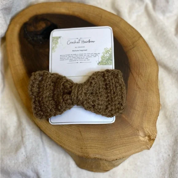 Crochet neutral brown color bohemian hair bow with clasp handmade