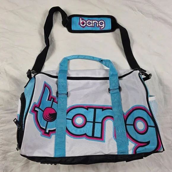 Bang Energy Drink Promo Duffle Bag White Blue Pink Graphic Sporty Travel