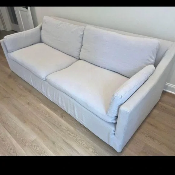 Restoration Hardware Belgian slope arm 8’ luxe couch slipcovers in color mist