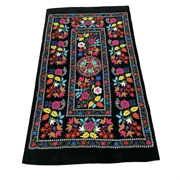 Vtg‎ Uzbek Suzani Handmade Embroidery on Velvet Tablecloth Wall Hanging 53