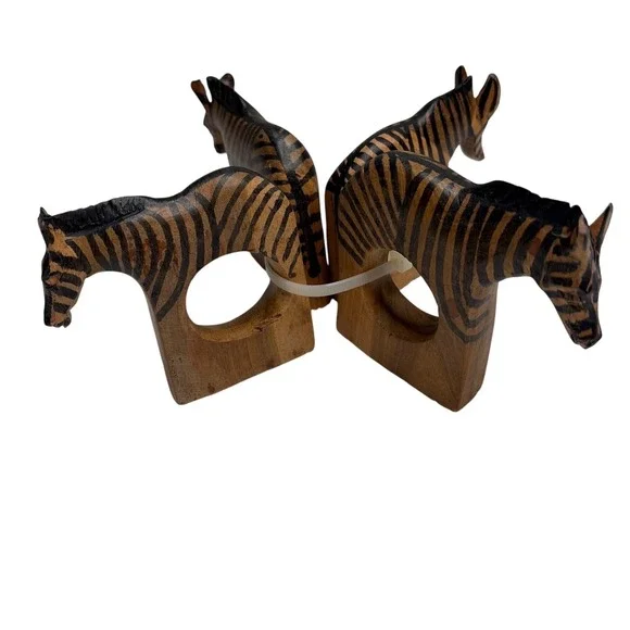 Unbranded Hand Carved Wooden Zebra Napkin Rings Set of 4 Safari Anima.