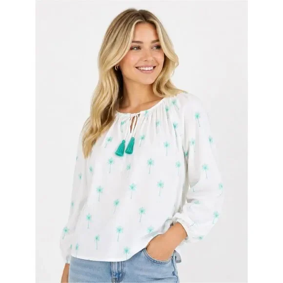 J. Crew White and Green Palm Tree Print Blouse
