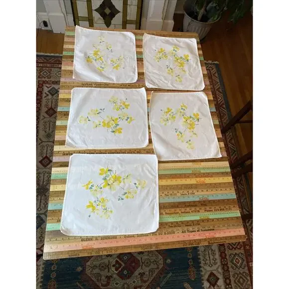 Set of 5 Vintage Cotton Floral Napkins Yellow Dogwood Print 15X17 Square Retro