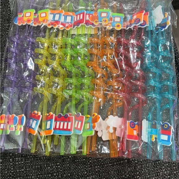 24 Pack Colorful Train-Themed Spiral Straws