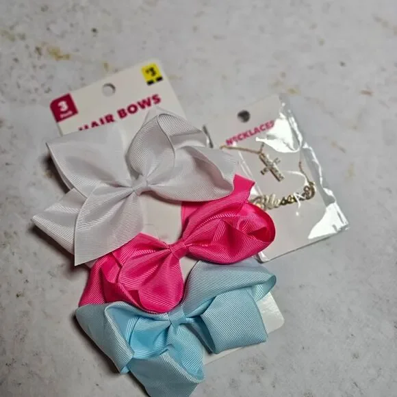 3-Pack Hair Bows (White, Pink, Blue) + “Blessed” & Rhinestone Cross Necklace Set