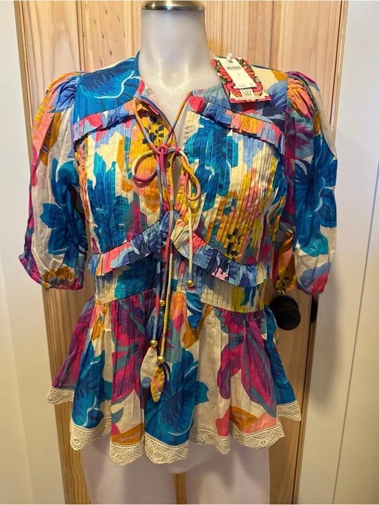 Farm Rio Anthropologie Puff-Sleeve Tie-Front Blouse