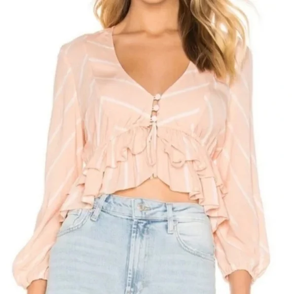Free People Pink Puff Sleeve Crop Blouse