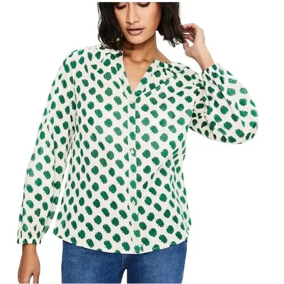 Boden Women’s Esme blouse, button down, green/white ginko, full puff sleeve US 4