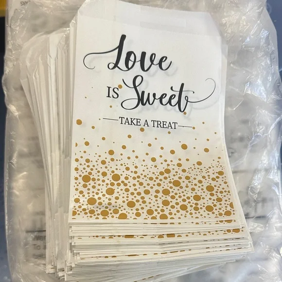 🆕 Love is Sweet Take A Treat Gold and White Party Favor Bags - Set of 50