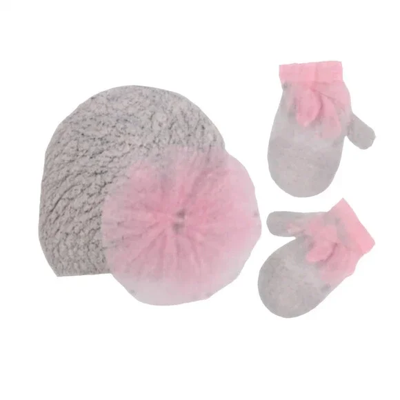 Koala Kids 2-Piece Set Girls M Pink Tulle Poof Detail Beanie & Gloves RED510