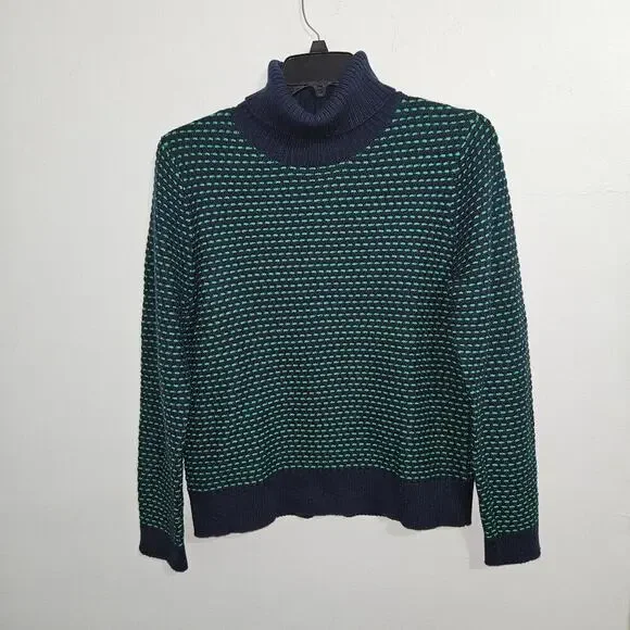NWT! J. Crew Textured Navy/Green Turtleneck Womens Sweater. Size Large.