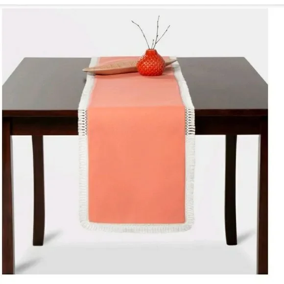 Opalhouse table runner salmon pink with white crochet Fringe trim
