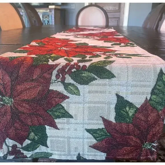 Christmas Poinsettia Metallic Plaid Tapestry Table Runner 13x70 Cream Red NWT