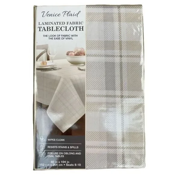 Venice Plaid Laminated Fabric Tablecloth Beige Wipes Clean Resists Stain 60x104