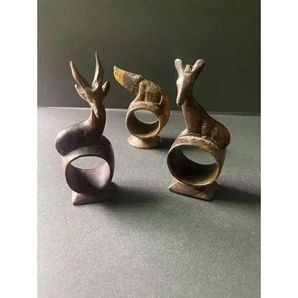 Vintage Set of 3 Hand Carved Wooden African Safari Animal Napkin Ring Holders