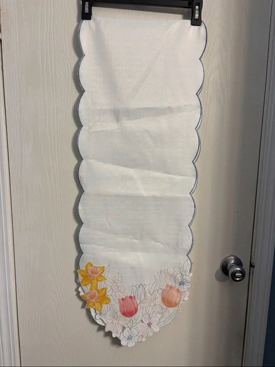 White Scalloped Floral Embroidered Table Runner with Blue Trim