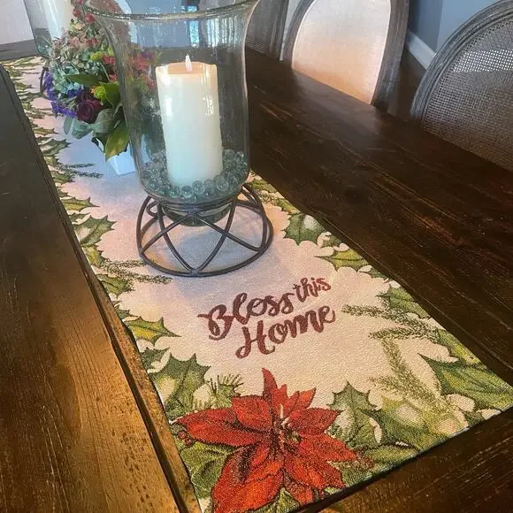 Bless This Home Christmas Poinsettia Tapestry Table Runner 13x70 Cream Red NWT