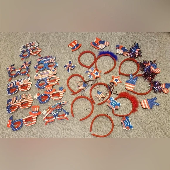 Patriotic 4th of July 9 Headbands and 9 Eye Glasses NWT