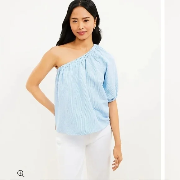 Loft Striped One Shoulder Linen Blend Blouse Size Small NWT