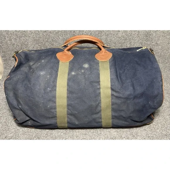 LL Bean Vintage 80s Blue Green Leather Handle Duffel Bag Zip Top Freeport Maine