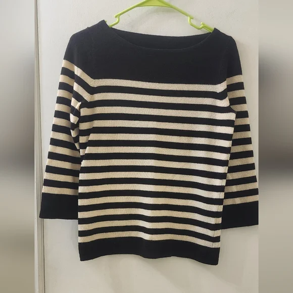 J. Crew Black and Cream Striped Sweater, Size‎ Small, 90% Wool, 10% Cashmere.
