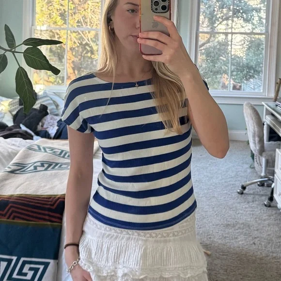 J. Crew Navy and White Striped Short Sleeve Top
